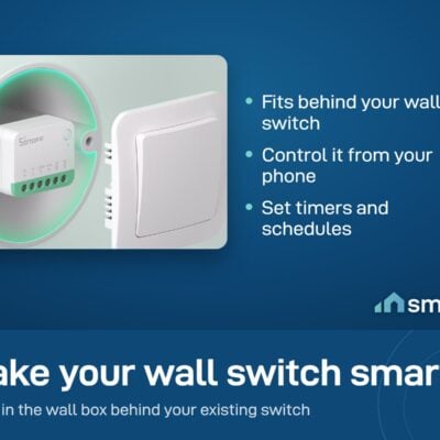 Sonoff MINIR4M relay in a round wall box behind a wall switch, which turns the switch into a smart switch