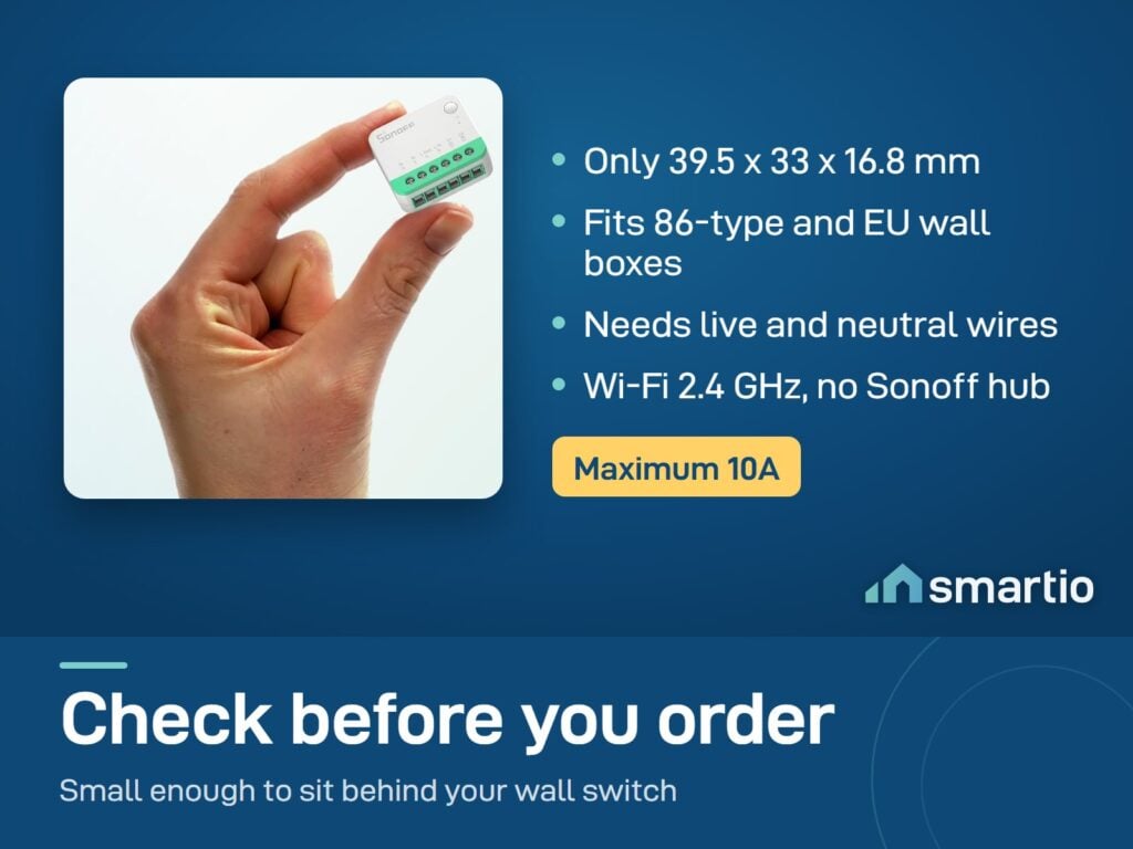 Sonoff MINIR4M relay held between two fingers: 39.5 x 33 x 16.8 mm, live and neutral wires needed, up to 10A