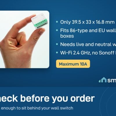 Sonoff MINIR4M relay held between two fingers: 39.5 x 33 x 16.8 mm, live and neutral wires needed, up to 10A