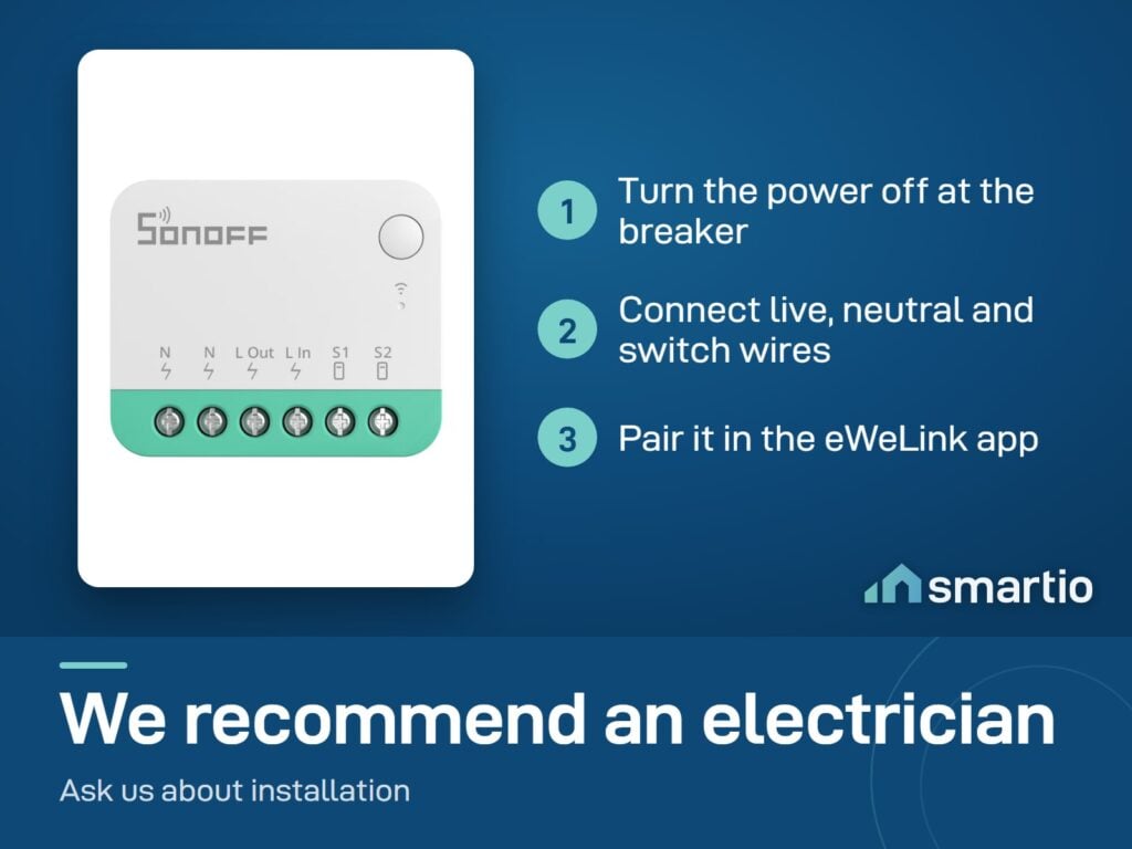 Sonoff MINIR4M install: power off at the breaker, connect live, neutral and switch wires, pair in eWeLink