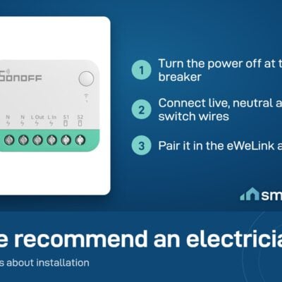 Sonoff MINIR4M install: power off at the breaker, connect live, neutral and switch wires, pair in eWeLink
