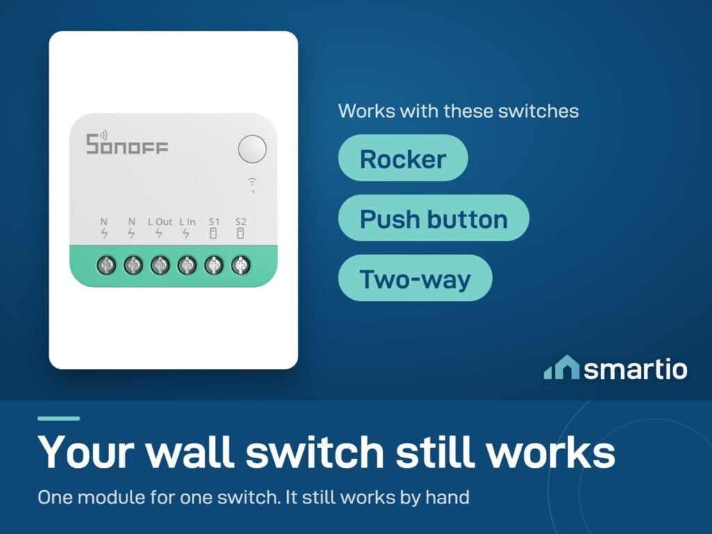Sonoff MINIR4M behind a wall switch: rocker, push button and two-way switches all still work by hand