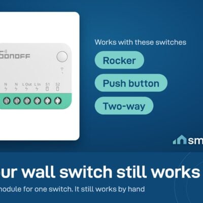 Sonoff MINIR4M behind a wall switch: rocker, push button and two-way switches all still work by hand