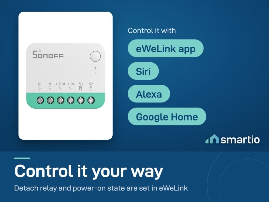 Sonoff MINIR4M is controlled in the eWeLink app, or by voice with Siri, Alexa and Google Home