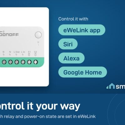 Sonoff MINIR4M is controlled in the eWeLink app, or by voice with Siri, Alexa and Google Home