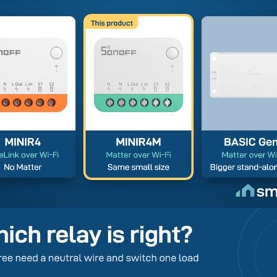 Sonoff relays compared: MINIR4 eWeLink Wi-Fi without Matter, MINIR4M Matter, BASIC Gen5 Matter in a bigger box