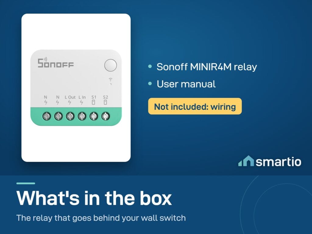 What's in the Sonoff MINIR4M box: the relay and a user manual. Wiring is not included