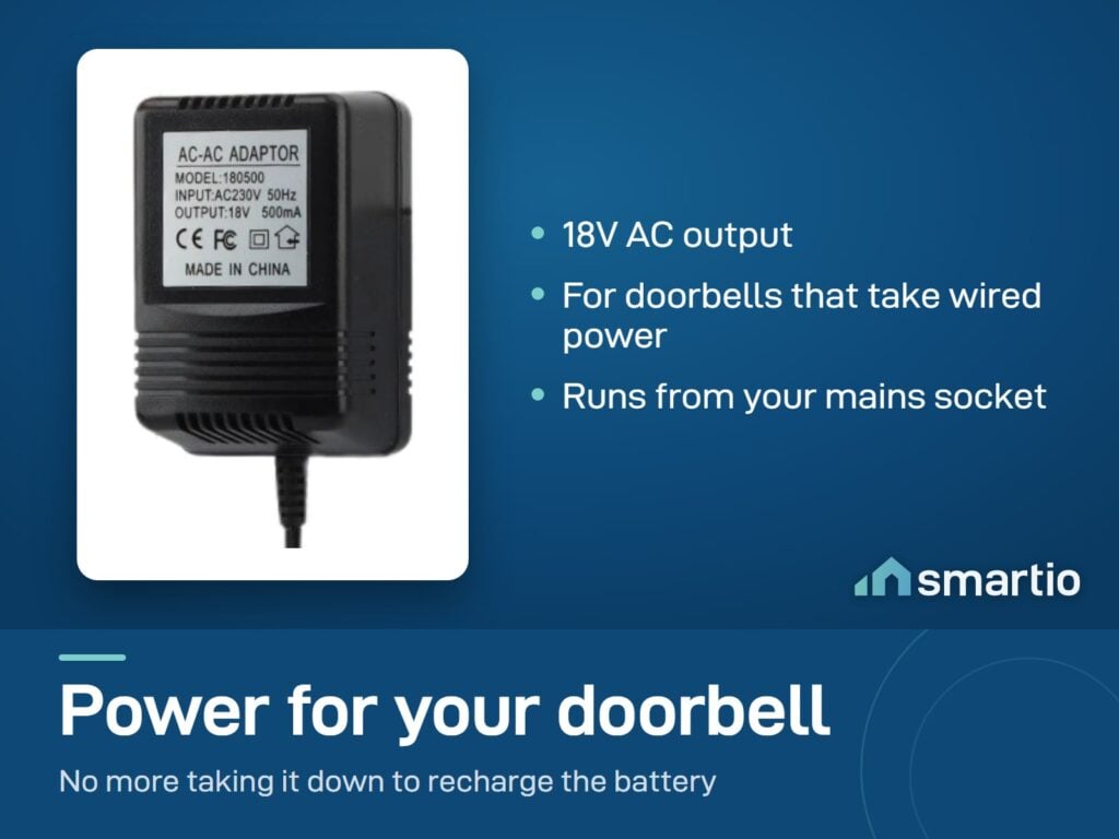 Video doorbell 18V transformer for doorbells that take wired power, so the battery is not recharged by hand
