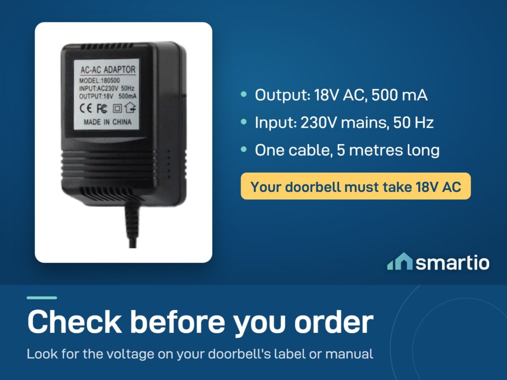 Video doorbell transformer label: input 230V 50 Hz, output 18V AC 500 mA, with one 5 metre cable