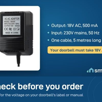 Video doorbell transformer label: input 230V 50 Hz, output 18V AC 500 mA, with one 5 metre cable