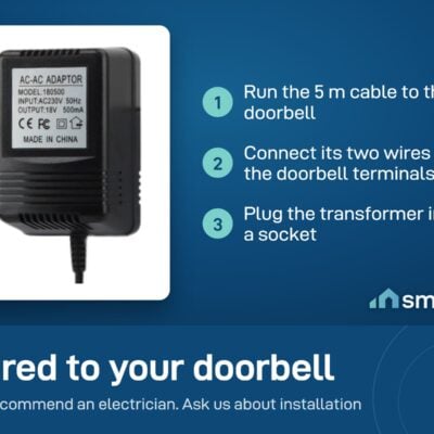 Video doorbell 18V transformer install: run the 5 metre cable, connect its two wires to the doorbell, plug it in
