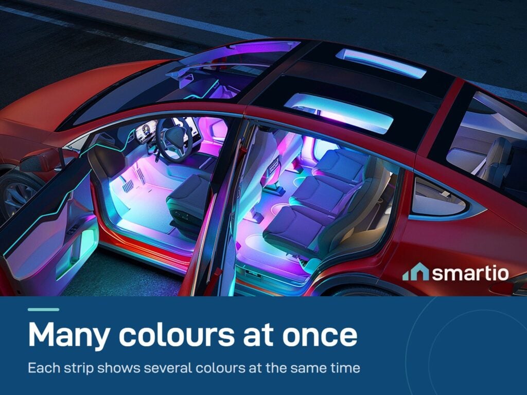 Govee Car LED Lights showing several colours inside a car