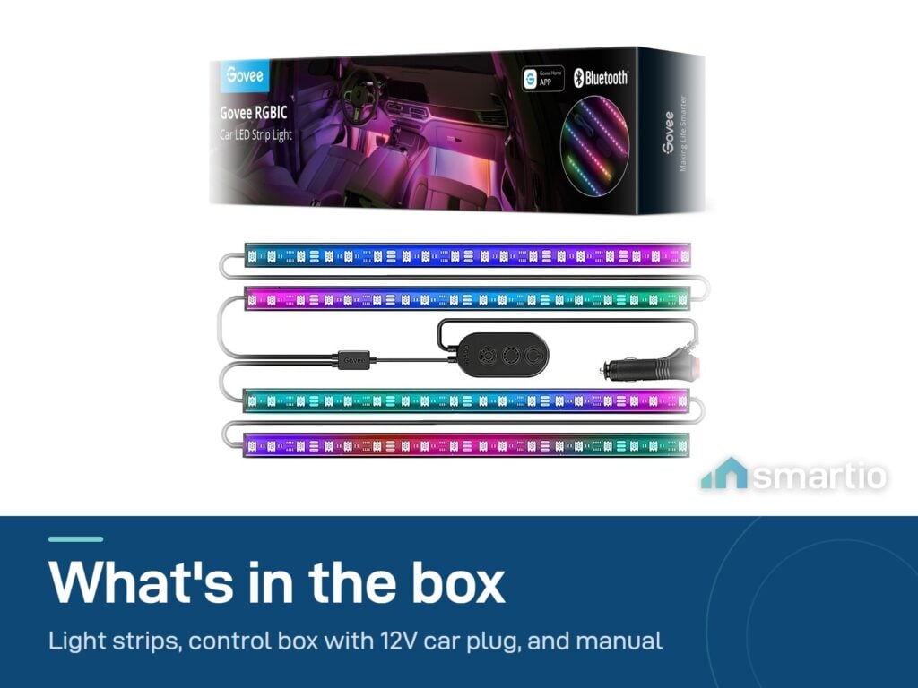 What's in the Govee Car LED Lights box: light strips, control box with 12V plug