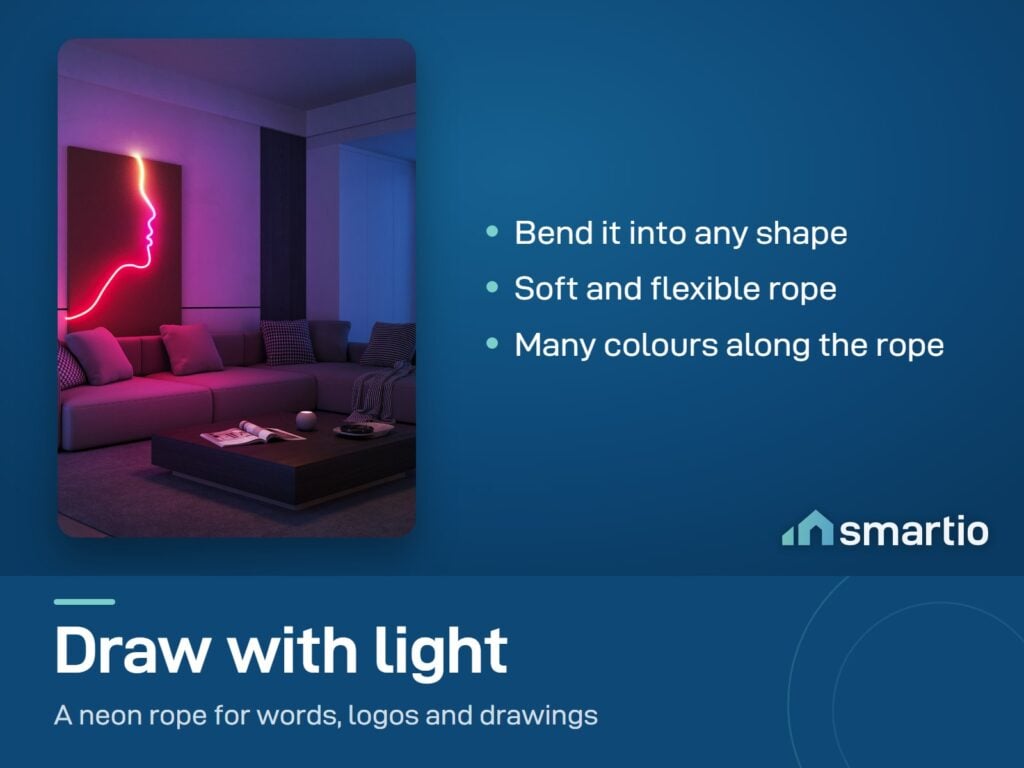 Govee Neon Rope Light 2 bent into a glowing line-art face on a living room wall