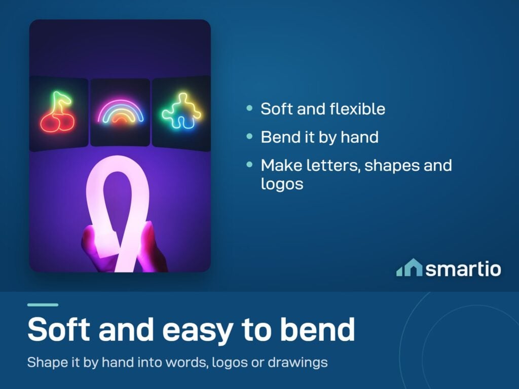 A hand bending the soft Govee Neon Rope Light 2 into a loop, above neon shapes