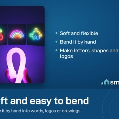 A hand bending the soft Govee Neon Rope Light 2 into a loop, above neon shapes