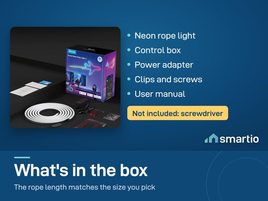 What's in the Govee Neon Rope Light 2 box: rope, control box, power adapter, clips, screws and manual