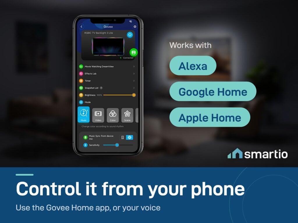 Govee Home app controlling the TV Backlight 3 Lite, works with Alexa, Google Home and Apple Home