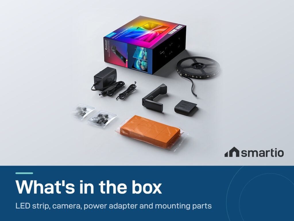 What's in the Govee TV Backlight 3 Lite box: LED strip, camera, power adapter and mounting parts
