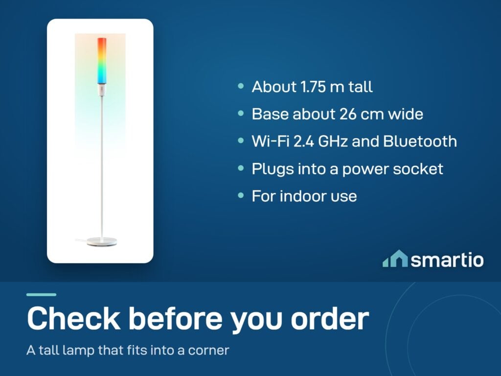 Govee Cylinder Floor Lamp: about 1.75 m tall, base about 26 cm wide, Wi-Fi 2.4 GHz and Bluetooth, indoor use