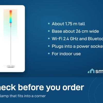 Govee Cylinder Floor Lamp: about 1.75 m tall, base about 26 cm wide, Wi-Fi 2.4 GHz and Bluetooth, indoor use