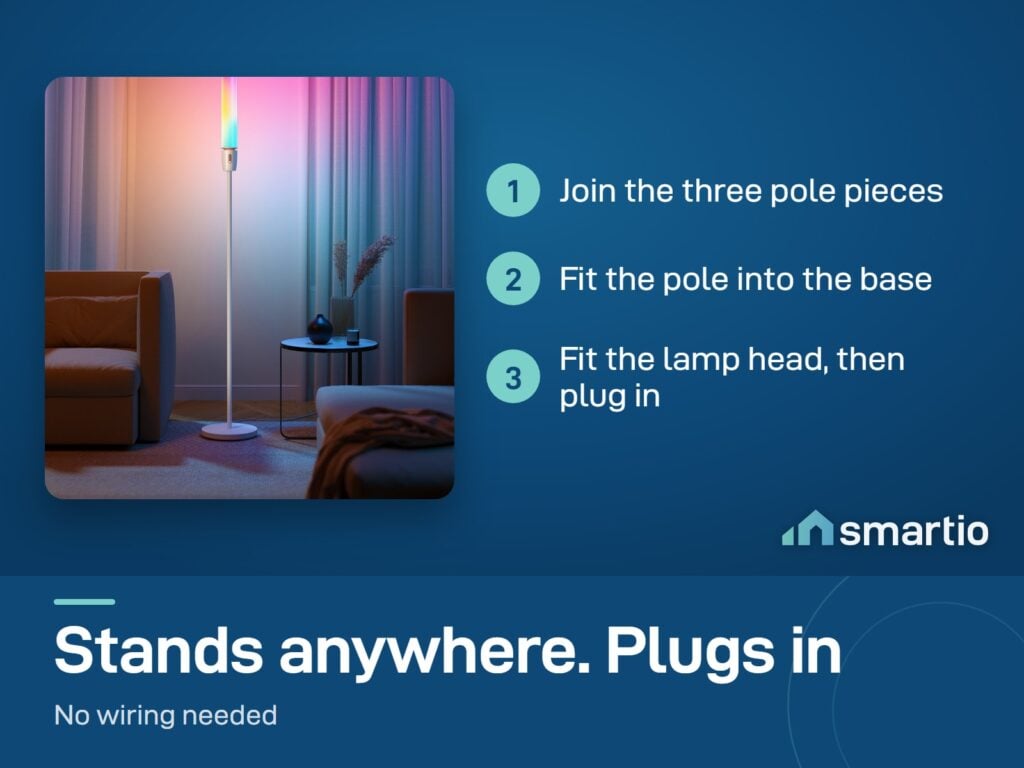 Govee Cylinder Floor Lamp beside a sofa; assembly is joining three pole pieces, the base and the lamp head, then plugging in