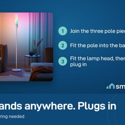 Govee Cylinder Floor Lamp beside a sofa; assembly is joining three pole pieces, the base and the lamp head, then plugging in