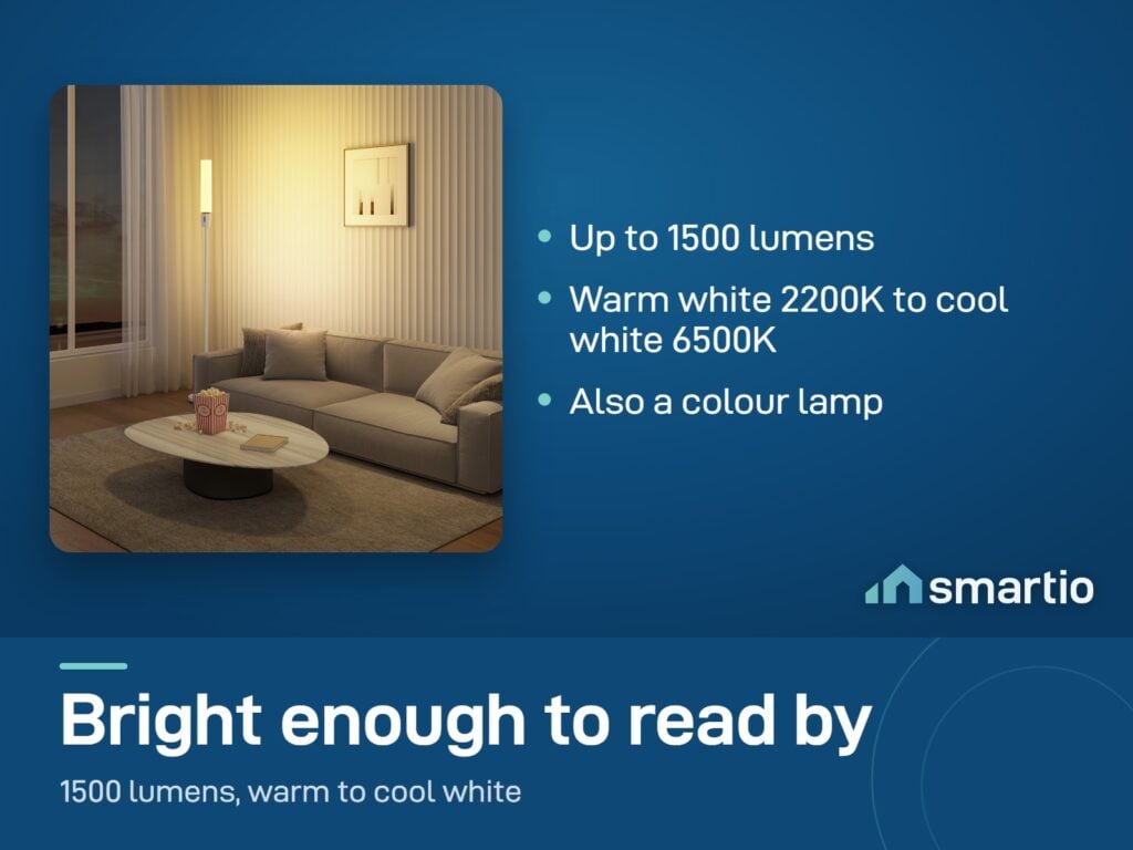 Govee Cylinder Floor Lamp giving warm white light in a living room with a sofa and coffee table
