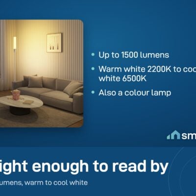 Govee Cylinder Floor Lamp giving warm white light in a living room with a sofa and coffee table