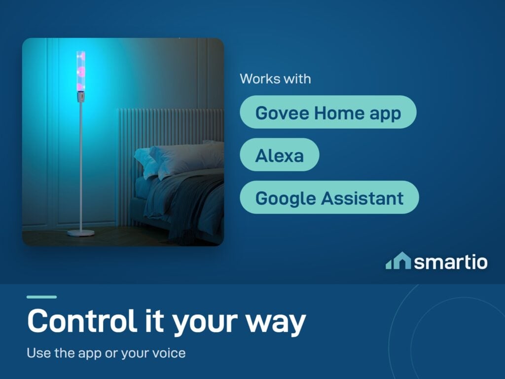Govee Cylinder Floor Lamp glowing blue in a bedroom; works with the Govee Home app, Alexa and Google Assistant