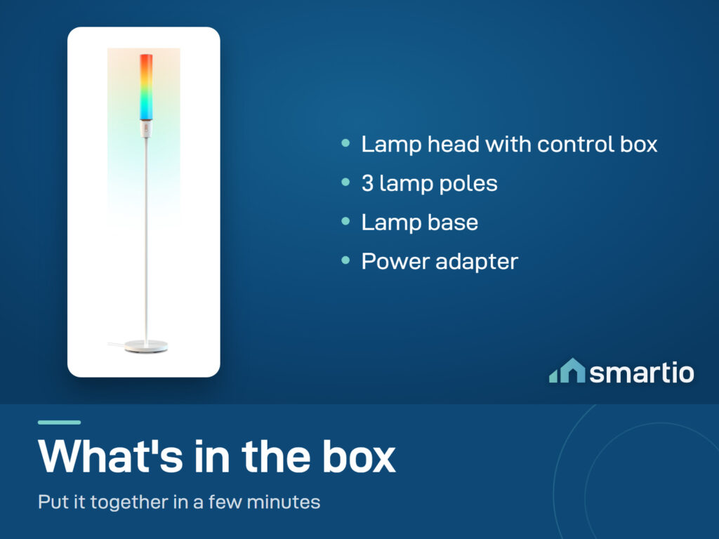 What is in the Govee Cylinder Floor Lamp box: lamp head with control box, 3 lamp poles, base and power adapter