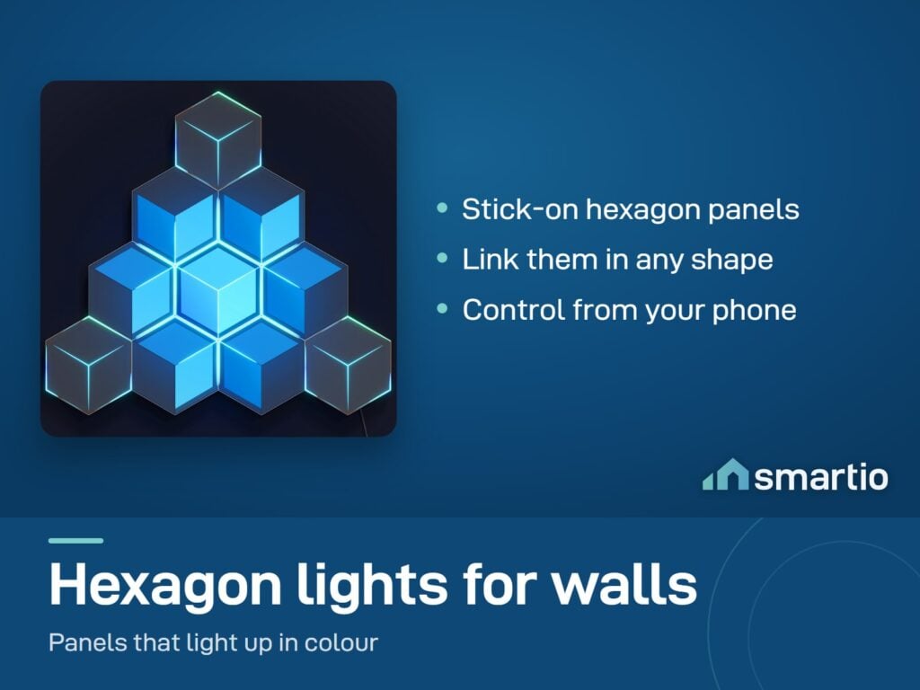 Govee Glide Hexagon Light Panels Ultra: blue hexagon panels arranged in a pyramid on a dark wall