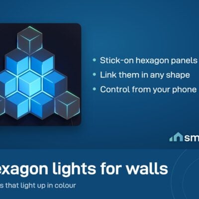 Govee Glide Hexagon Light Panels Ultra: blue hexagon panels arranged in a pyramid on a dark wall