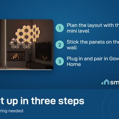 Govee Glide Hexagon install: plan with the mini level, stick the panels on the wall, plug in and pair in Govee Home