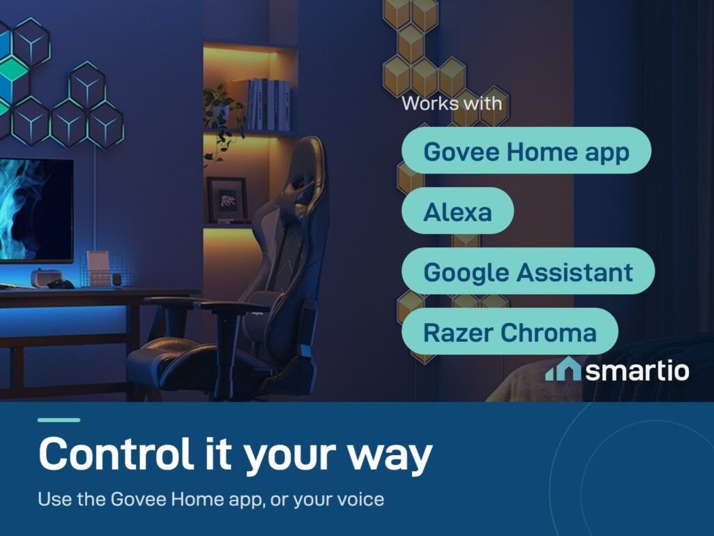 Govee Glide Hexagon panels in warm yellow in a bedroom; works with Govee Home, Alexa, Google Assistant and Razer Chroma