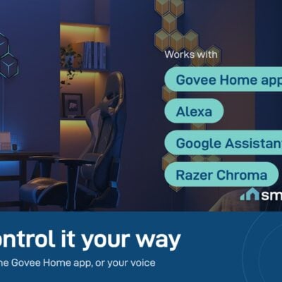 Govee Glide Hexagon panels in warm yellow in a bedroom; works with Govee Home, Alexa, Google Assistant and Razer Chroma