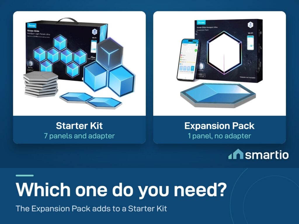 Govee Glide Hexagon Panels in two options: the Starter Kit with 7 panels and the Expansion Pack with 1 panel