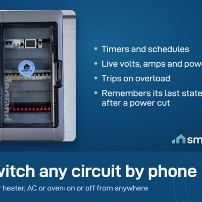 Tongou eWeLink smart circuit breakers installed in a home electrical panel, one for each circuit