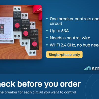 Three Tongou eWeLink smart breakers: one breaker per circuit, up to 63A, single-phase, neutral wire needed, Wi-Fi 2.4 GHz