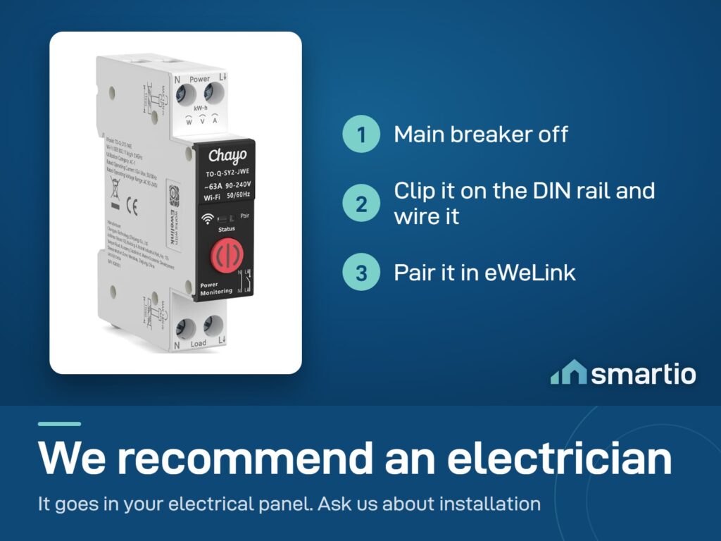 Chayo (Tongou) eWeLink smart breaker install: main breaker off, clip on the DIN rail and wire it, pair in eWeLink