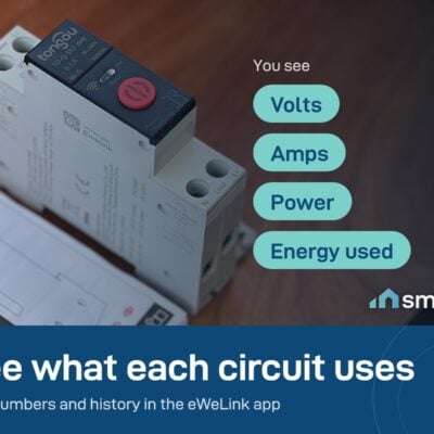 Tongou eWeLink smart breaker with its manual; the eWeLink app shows live volts, amps, power and energy used