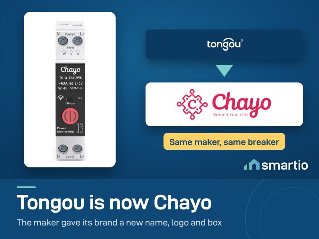 Tongou logo changing to the new Chayo logo, next to a Chayo-branded smart circuit breaker, same maker and same breaker