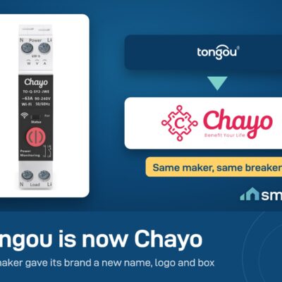 Tongou logo changing to the new Chayo logo, next to a Chayo-branded smart circuit breaker, same maker and same breaker