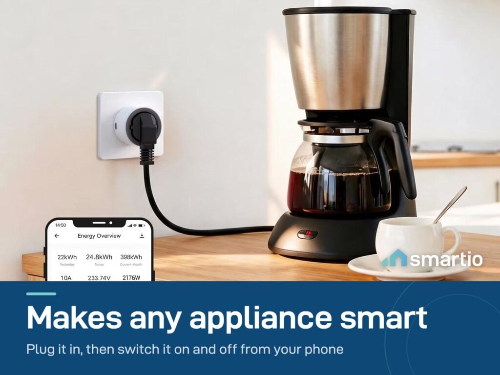 Sonoff S60 smart plug powering a coffee maker, with the eWeLink app