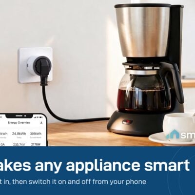 Sonoff S60 smart plug powering a coffee maker, with the eWeLink app