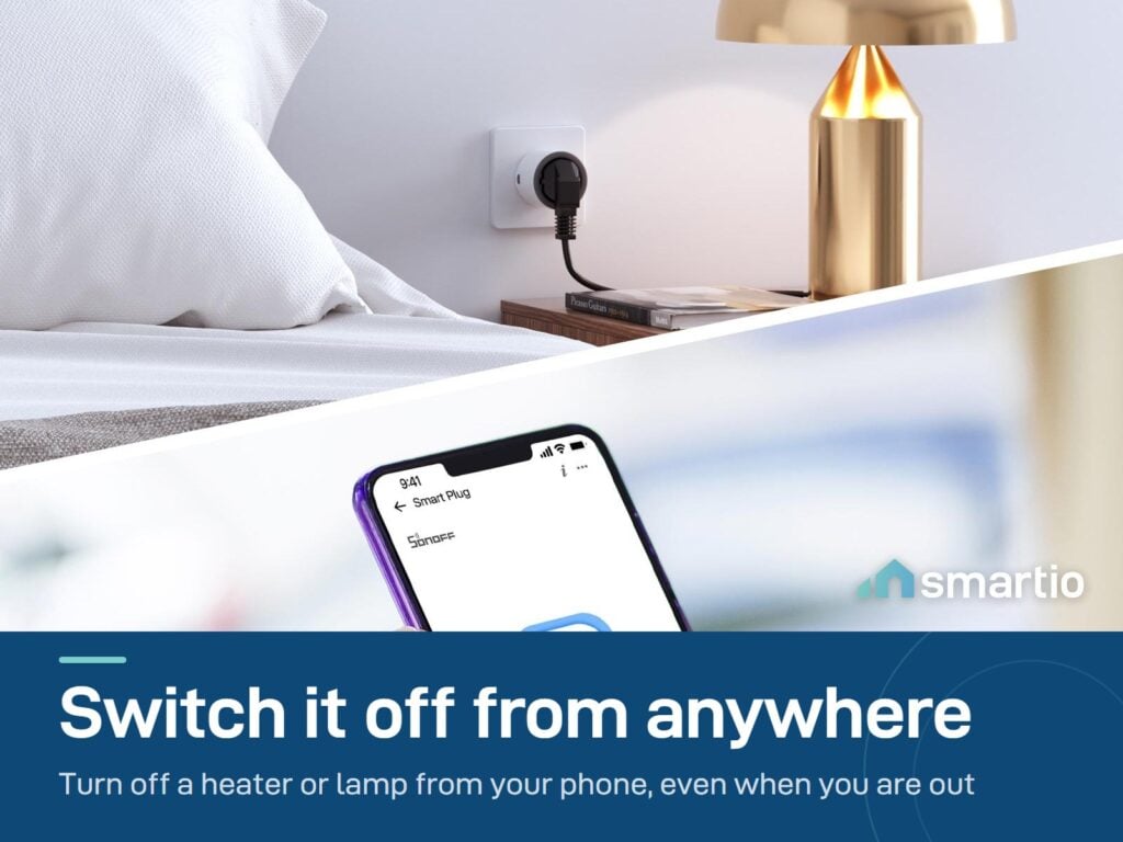 Sonoff S60 smart plug beside a bedside lamp, controlled from a phone