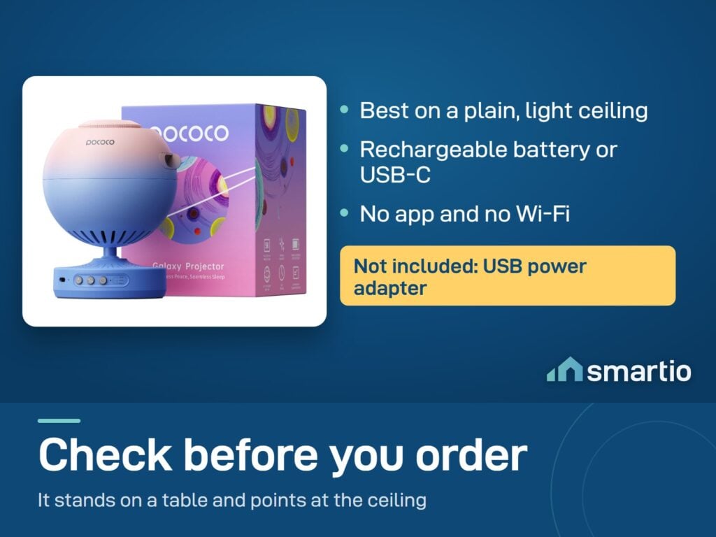 POCOCO Galaxy Star Projector with its box: rechargeable battery or USB-C, no app, USB power adapter not included