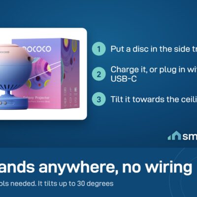 POCOCO Galaxy Star Projector setup: put a disc in the side tray, charge it or plug in with USB-C, tilt it to the ceiling