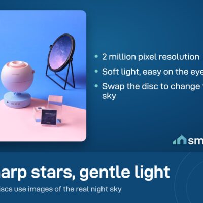 POCOCO Galaxy Star Projector in pink and blue beside a swap disc and a mirror showing a starry sky