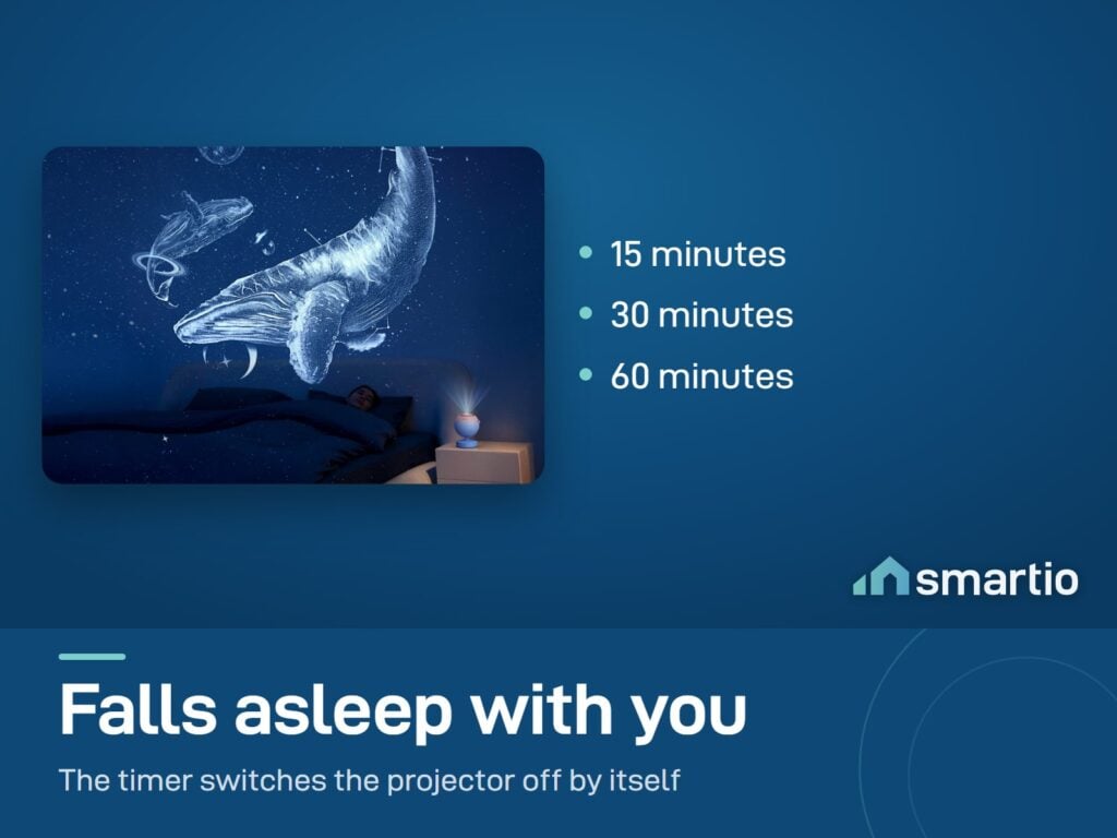 POCOCO Galaxy Star Projector on a bedside table over a sleeping person, with a 15, 30 or 60 minute timer